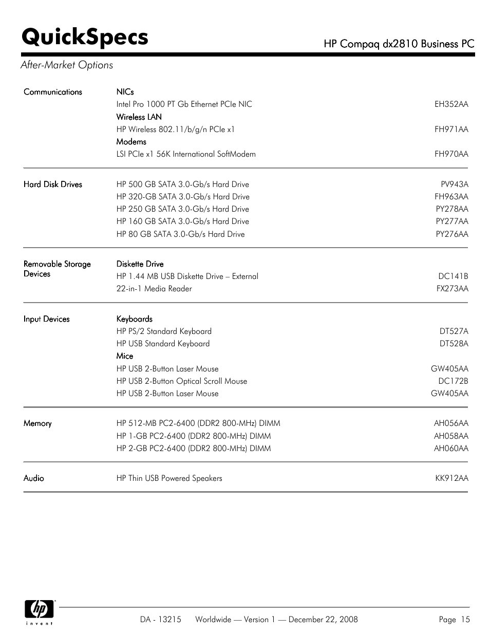 After-market options, Quickspecs, Hp compaq dx2810 business pc | Hp compaq dx2810 business pc after-market options | HP COMPAQ DX2810 User Manual | Page 15 / 29