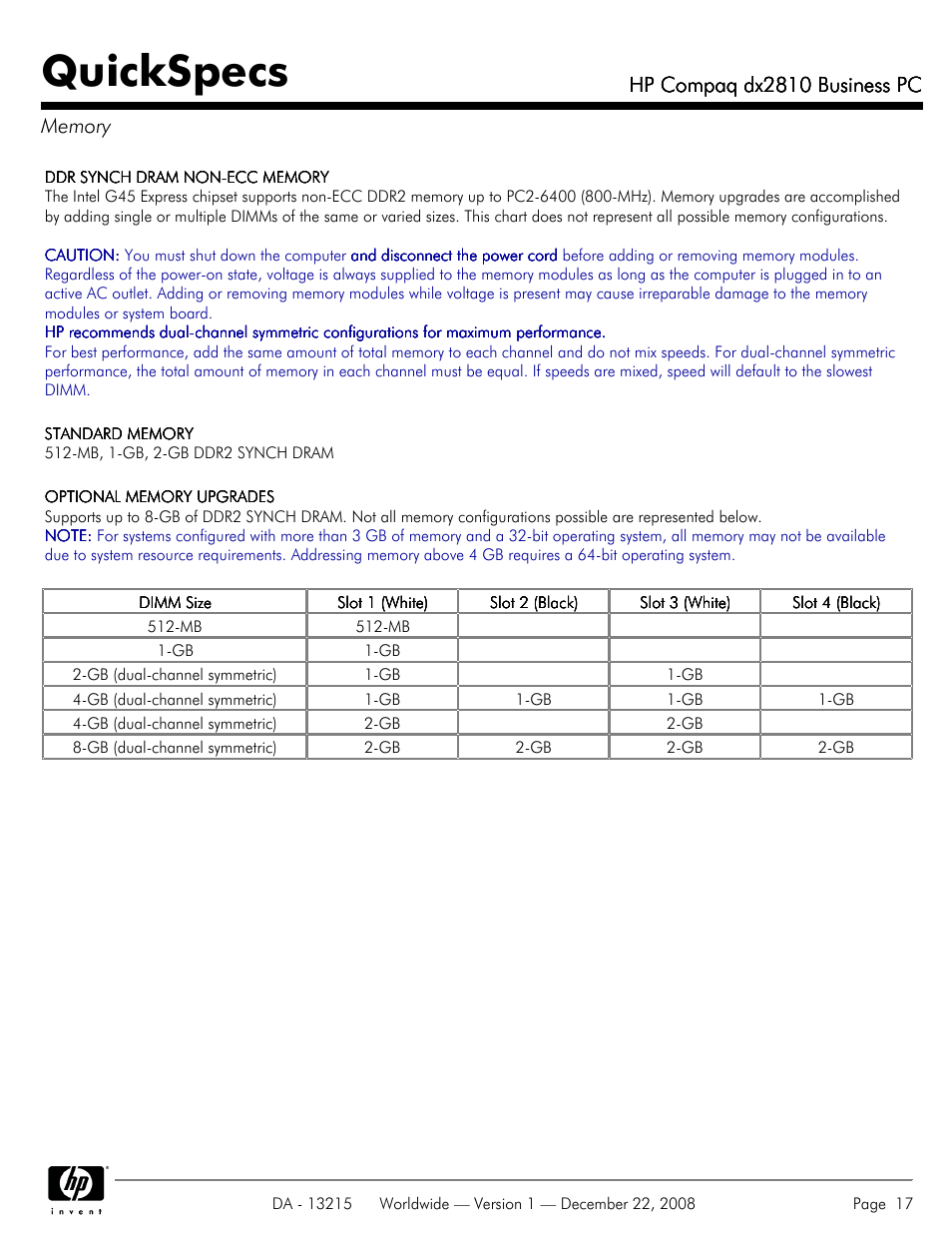 Memory, Quickspecs, Hp compaq dx2810 business pc | HP COMPAQ DX2810 User Manual | Page 17 / 29