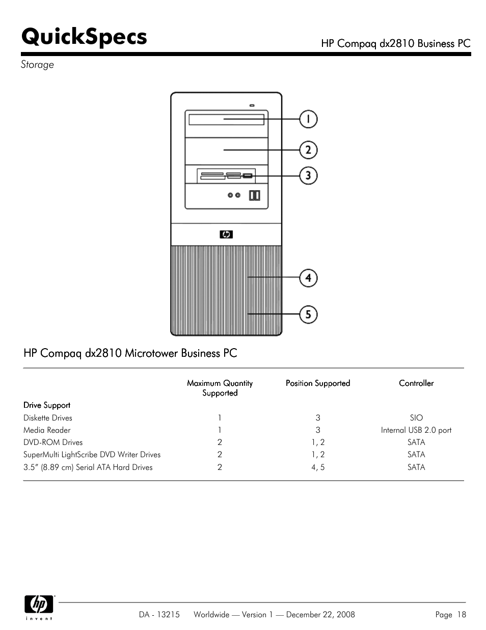 Storage, Quickspecs, Hp compaq dx2810 microtower business pc | Hp compaq dx2810 business pc, Hp compaq dx2810 business pc storage | HP COMPAQ DX2810 User Manual | Page 18 / 29