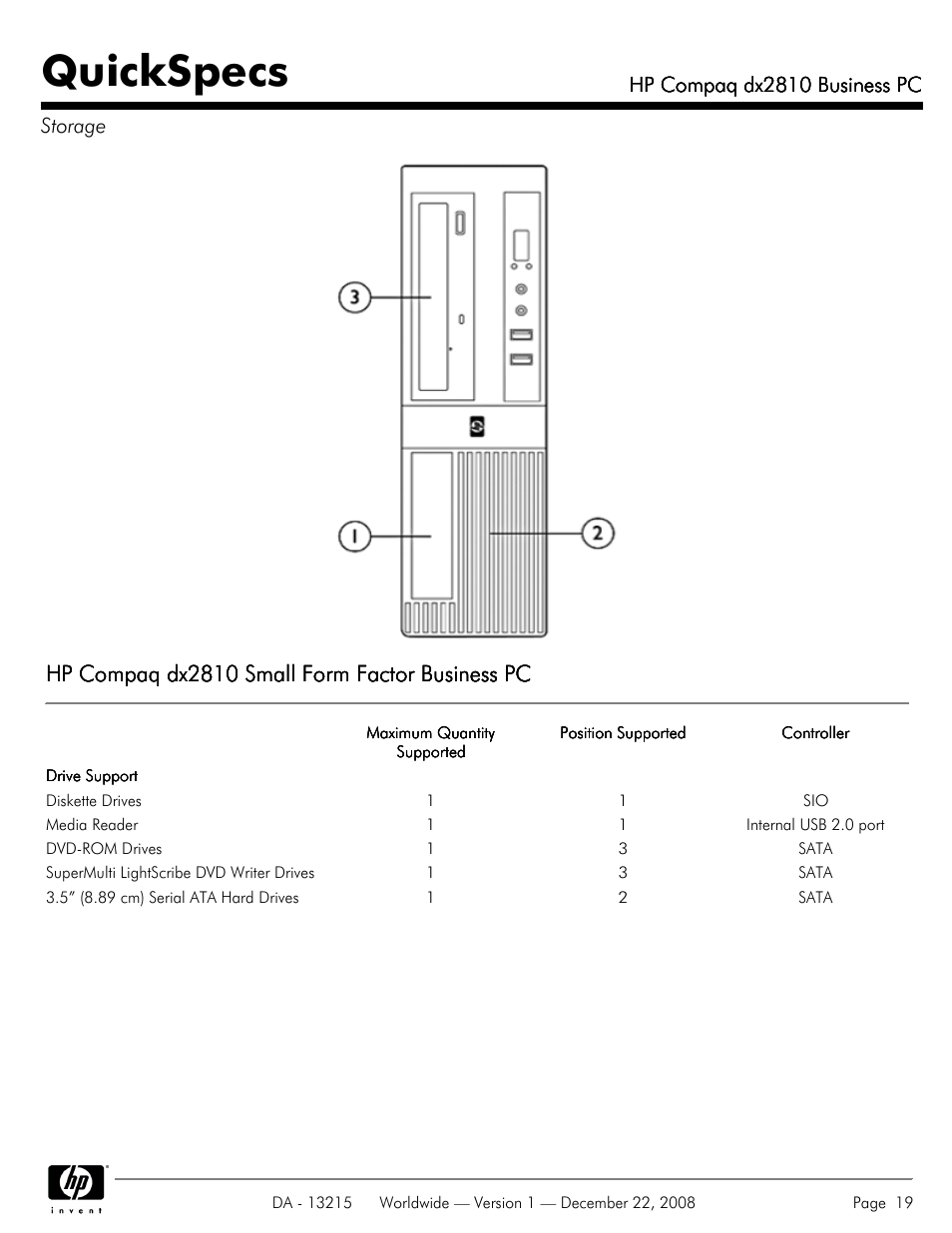 Quickspecs, Hp compaq dx2810 small form factor business pc, Hp compaq dx2810 business pc | Hp compaq dx2810 business pc storage | HP COMPAQ DX2810 User Manual | Page 19 / 29
