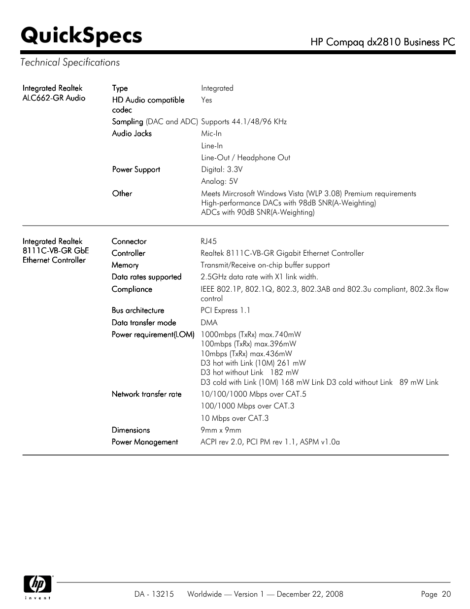 Technical specifications, Quickspecs, Hp compaq dx2810 business pc | HP COMPAQ DX2810 User Manual | Page 20 / 29