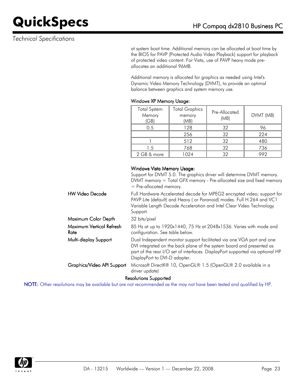 Quickspecs, Hp compaq dx2810 business pc | HP COMPAQ DX2810 User Manual | Page 23 / 29