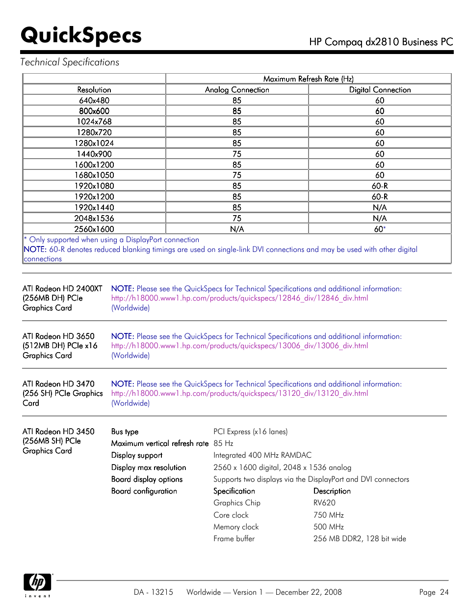 Quickspecs, Hp compaq dx2810 business pc | HP COMPAQ DX2810 User Manual | Page 24 / 29