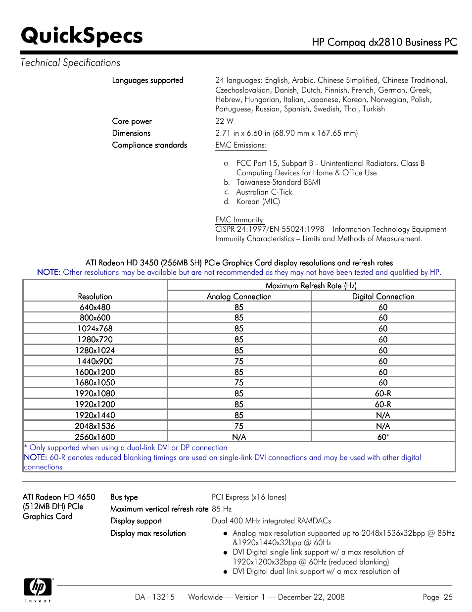 Quickspecs, Hp compaq dx2810 business pc | HP COMPAQ DX2810 User Manual | Page 25 / 29