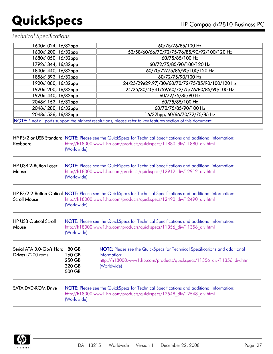 Quickspecs, Hp compaq dx2810 business pc | HP COMPAQ DX2810 User Manual | Page 27 / 29