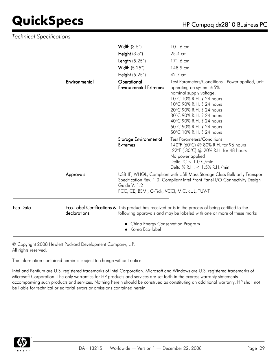 Quickspecs, Hp compaq dx2810 business pc | HP COMPAQ DX2810 User Manual | Page 29 / 29