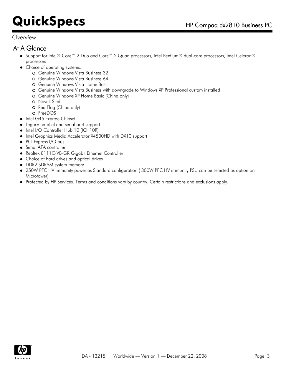 Quickspecs | HP COMPAQ DX2810 User Manual | Page 3 / 29