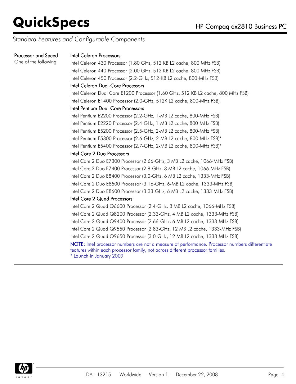 Standard features and configurable components, Quickspecs, Hp compaq dx2810 business pc | HP COMPAQ DX2810 User Manual | Page 4 / 29