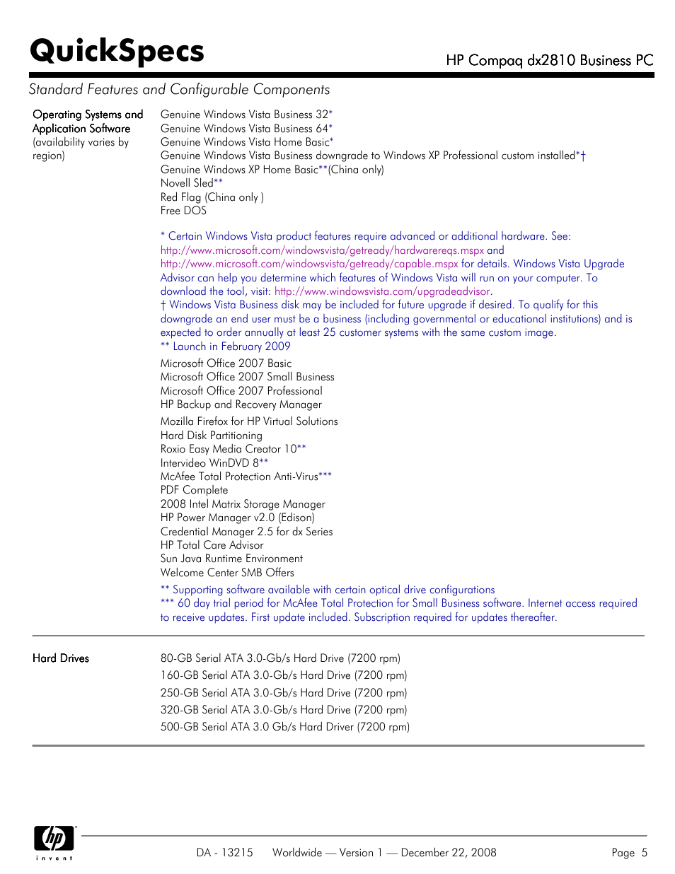 Quickspecs, Hp compaq dx2810 business pc | HP COMPAQ DX2810 User Manual | Page 5 / 29