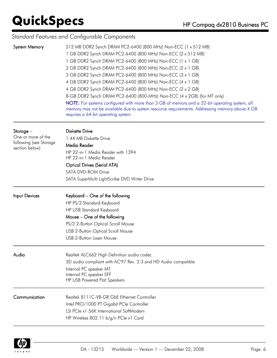 Quickspecs, Hp compaq dx2810 business pc | HP COMPAQ DX2810 User Manual | Page 6 / 29