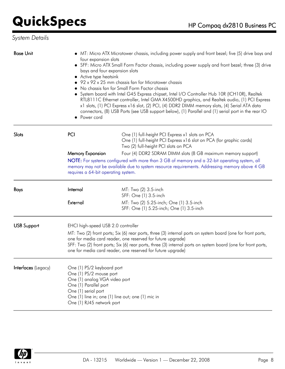 System details, Quickspecs, Hp compaq dx2810 business pc | Hp compaq dx2810 business pc system details | HP COMPAQ DX2810 User Manual | Page 8 / 29