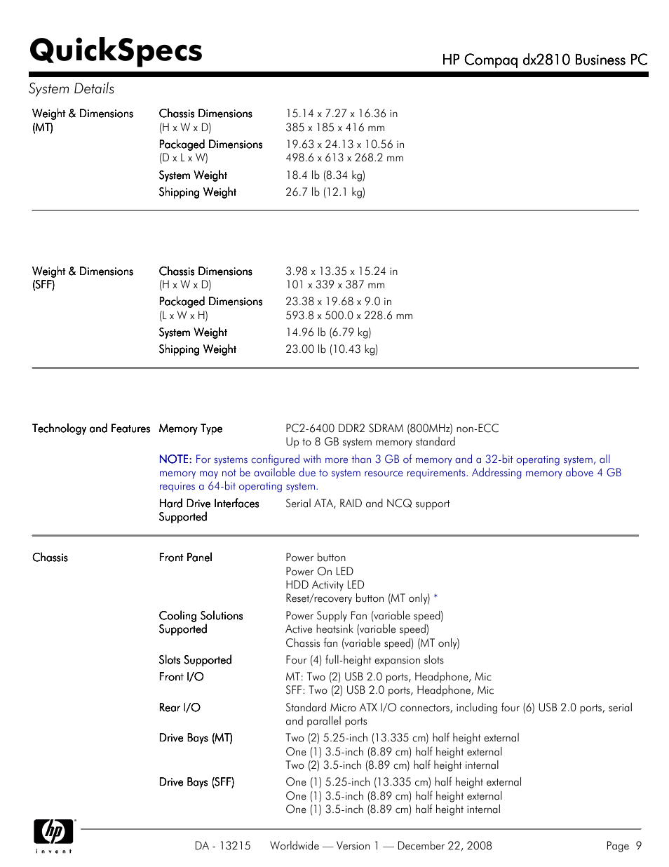 Quickspecs, Hp compaq dx2810 business pc, Hp compaq dx2810 business pc system details | HP COMPAQ DX2810 User Manual | Page 9 / 29