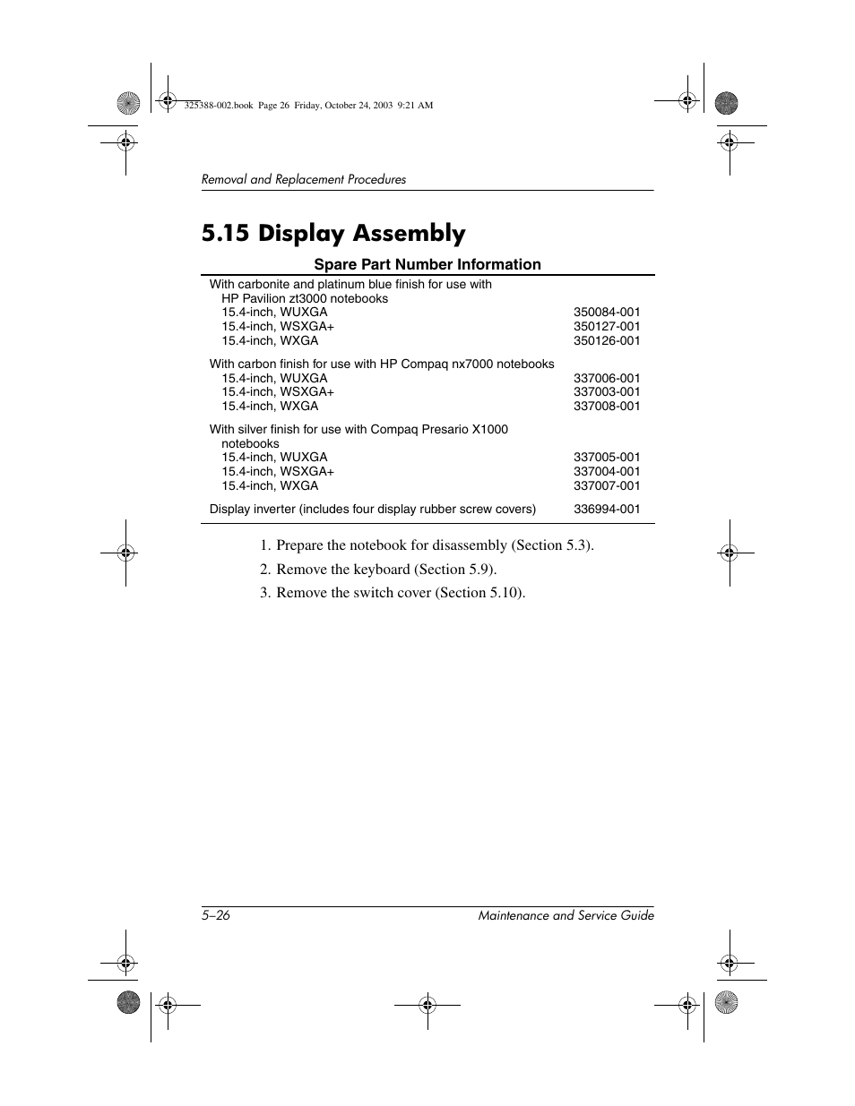 15 display assembly, 15 display assembly –26 | HP zt3000 User Manual | Page 116 / 186