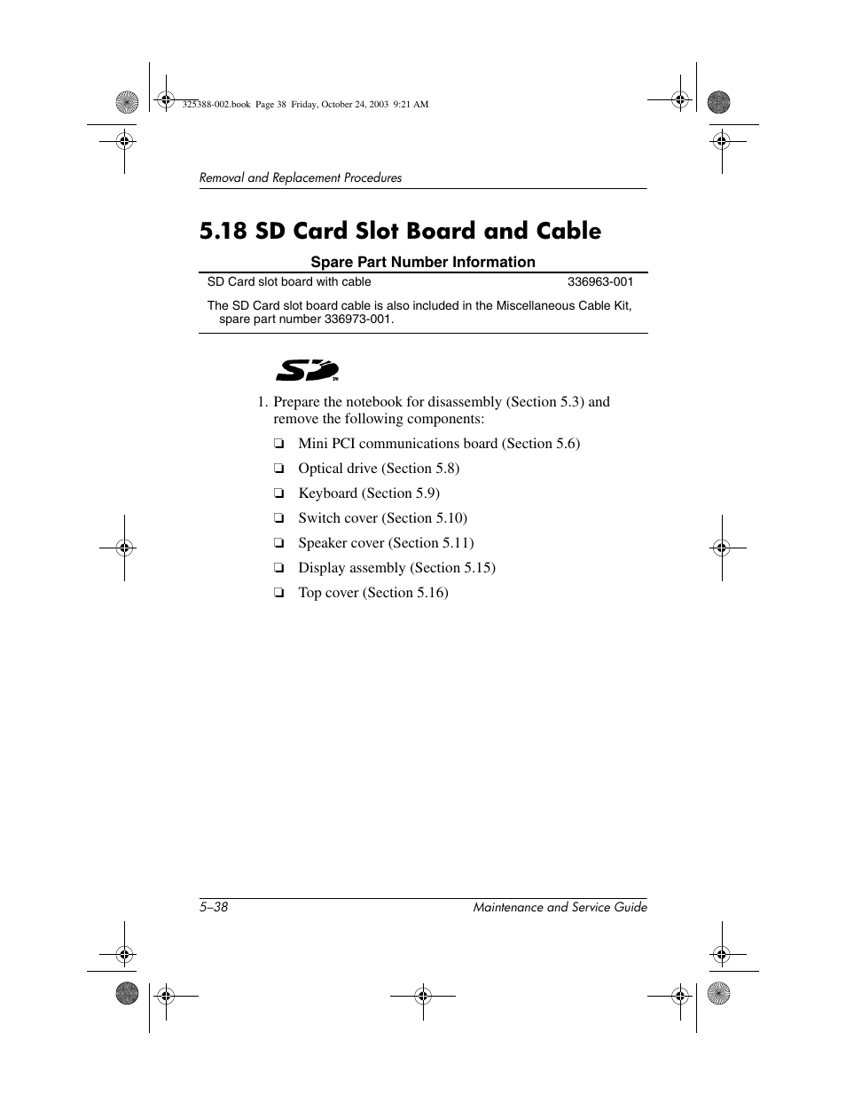 18 sd card slot board and cable, 18 sd card slot board and cable –38 | HP zt3000 User Manual | Page 128 / 186