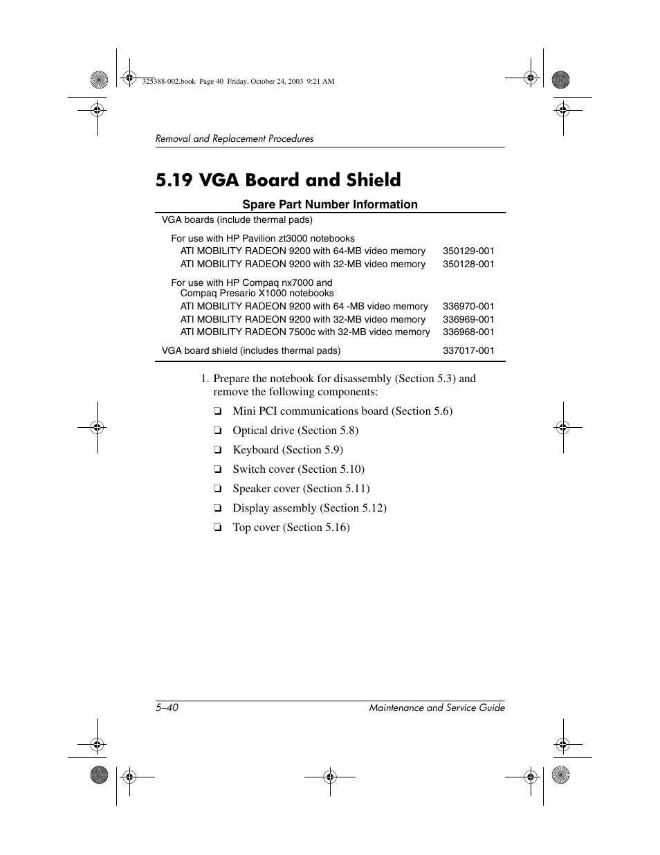 19 vga board and shield, 19 vga board and shield –40 | HP zt3000 User Manual | Page 130 / 186