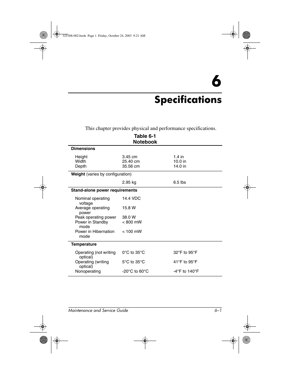 Specifications, 6 specifications | HP zt3000 User Manual | Page 137 / 186
