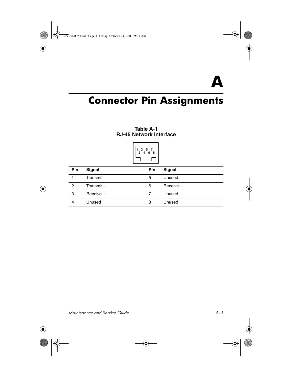 Connector pin assignments, A connector pin assignments | HP zt3000 User Manual | Page 153 / 186