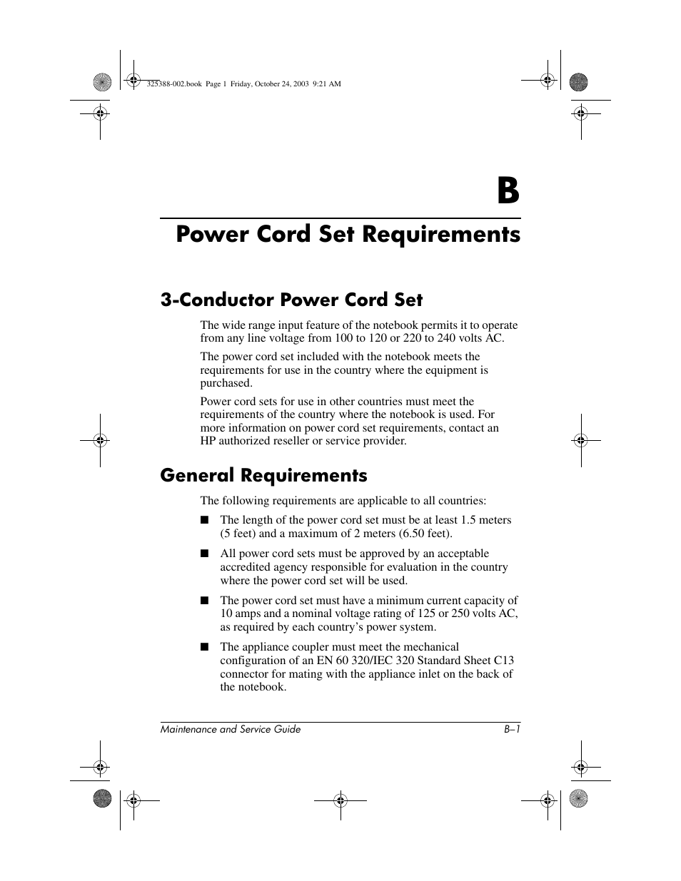 Power cord set requirements, Conductor power cord set, General requirements | B power cord set requirements | HP zt3000 User Manual | Page 158 / 186