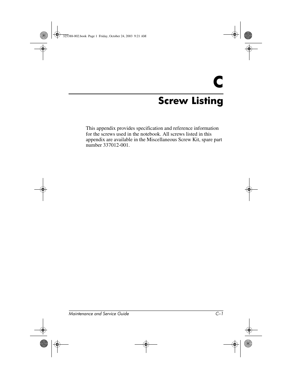 Screw listing, C screw listing | HP zt3000 User Manual | Page 161 / 186