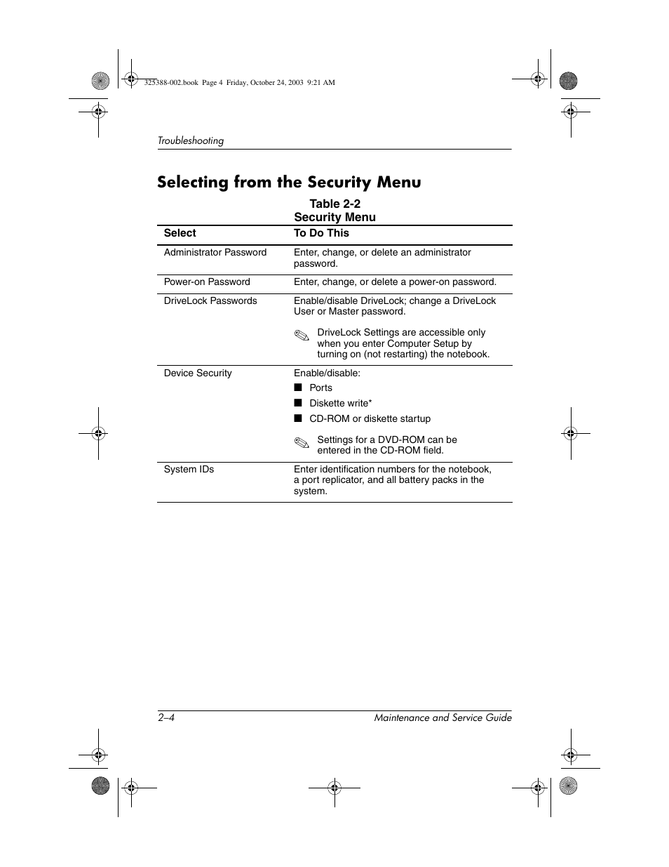 Selecting from the security menu, Selecting from the security menu –4 | HP zt3000 User Manual | Page 45 / 186