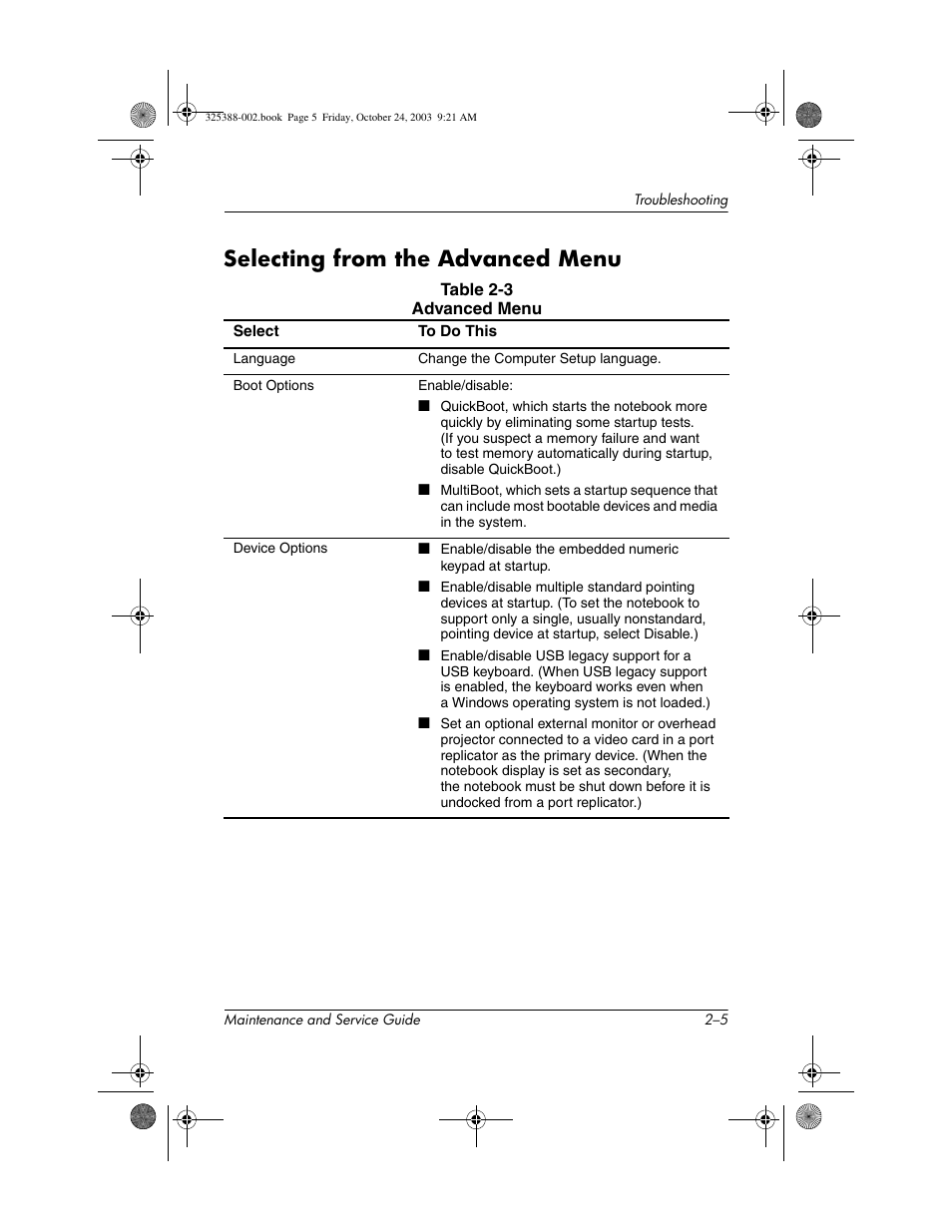 Selecting from the advanced menu, Selecting from the advanced menu –5 | HP zt3000 User Manual | Page 46 / 186