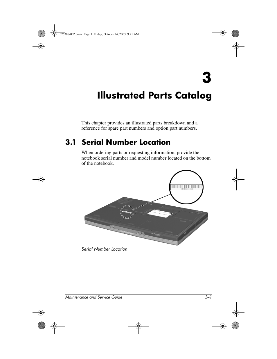 Illustrated parts catalog, 1 serial number location, 3 illustrated parts catalog | 1 serial number location –1 | HP zt3000 User Manual | Page 68 / 186