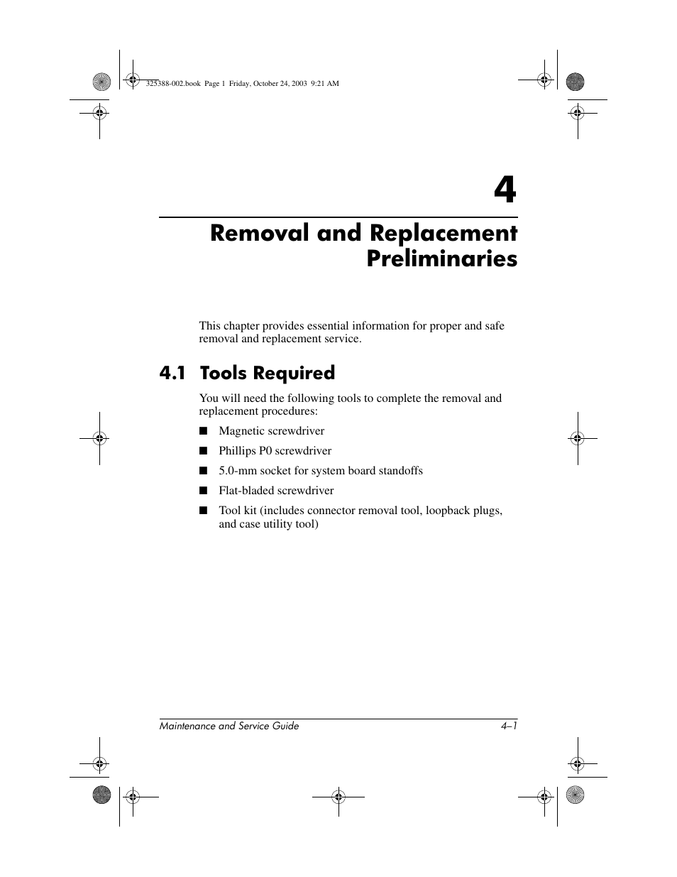 Removal and replacement preliminaries, 1 tools required, 4 removal and replacement preliminaries | 1 tools required –1 | HP zt3000 User Manual | Page 84 / 186