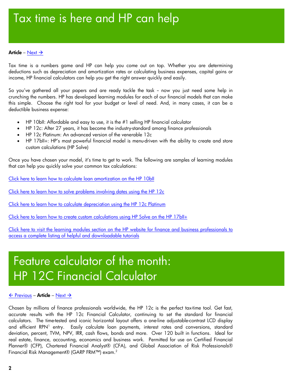 Tax time is here and hp can help, Learn more, Hp 12c financial | Calculator | HP Calculators by HP User Manual | Page 2 / 9