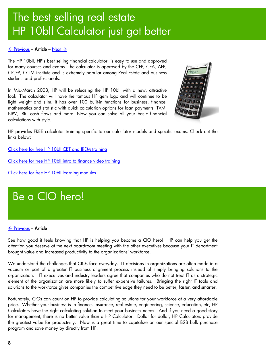Be a cio hero, The best selling real estate, Hp 10bii calculator just got better | Next æ | HP Calculators by HP User Manual | Page 8 / 9