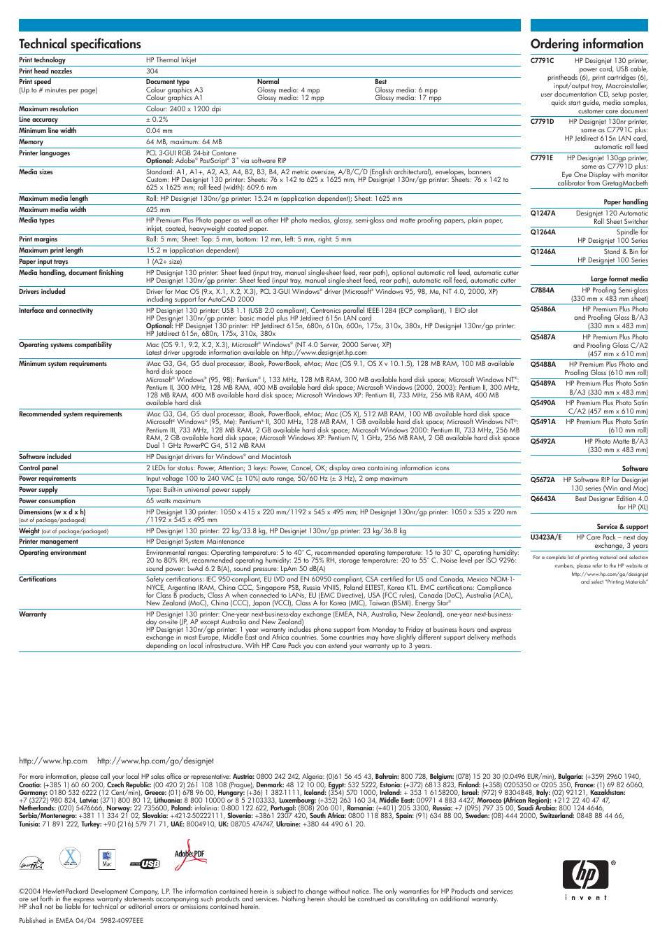 Technical specifications, Ordering information | HP 130 Series User Manual | Page 2 / 2