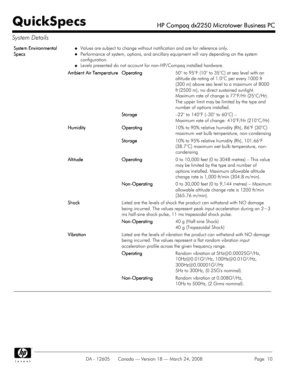 Quickspecs, Hp compaq dx2250 microtower business pc | HP DX2250 User Manual | Page 10 / 36