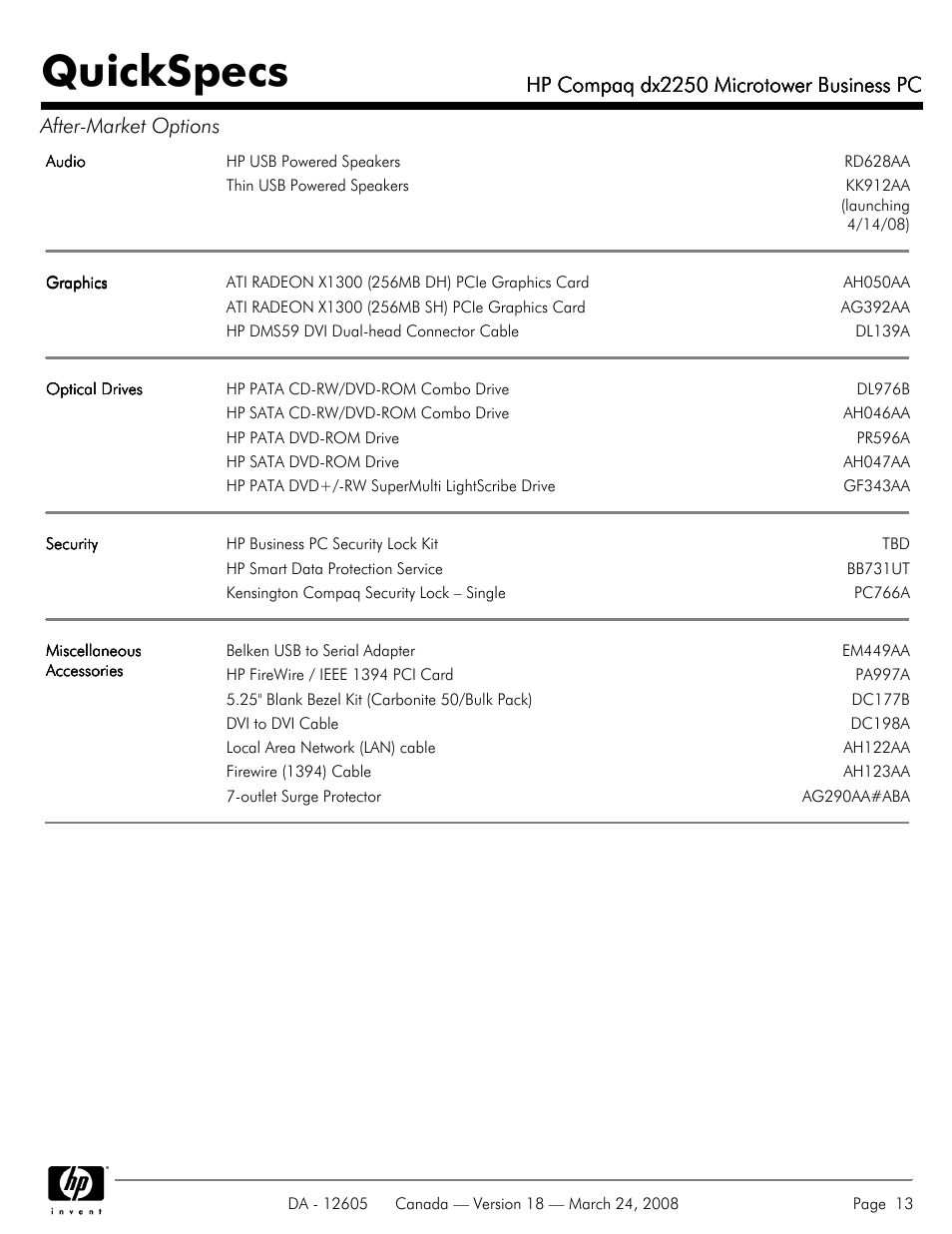 Quickspecs, Hp compaq dx2250 microtower business pc | HP DX2250 User Manual | Page 13 / 36