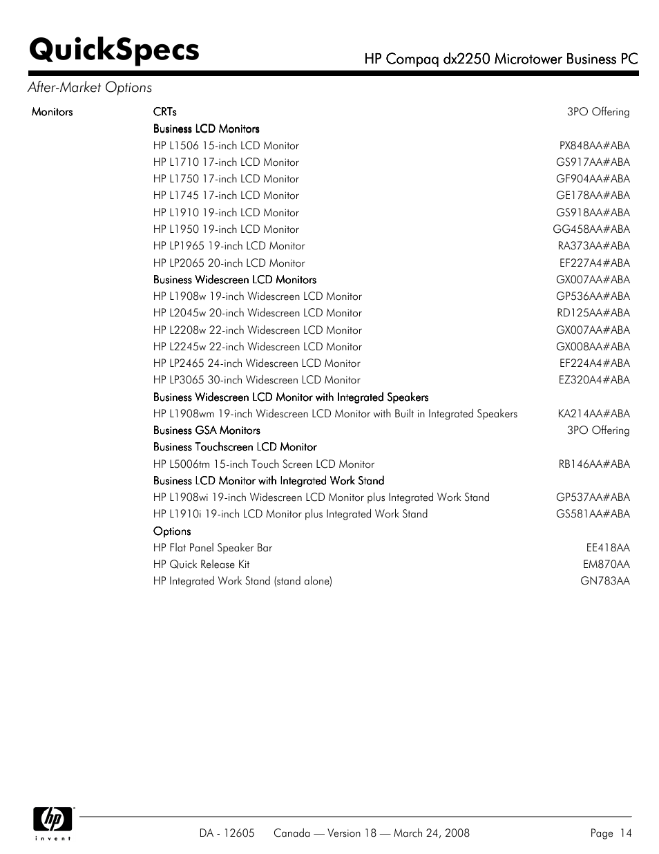 Quickspecs, Hp compaq dx2250 microtower business pc | HP DX2250 User Manual | Page 14 / 36
