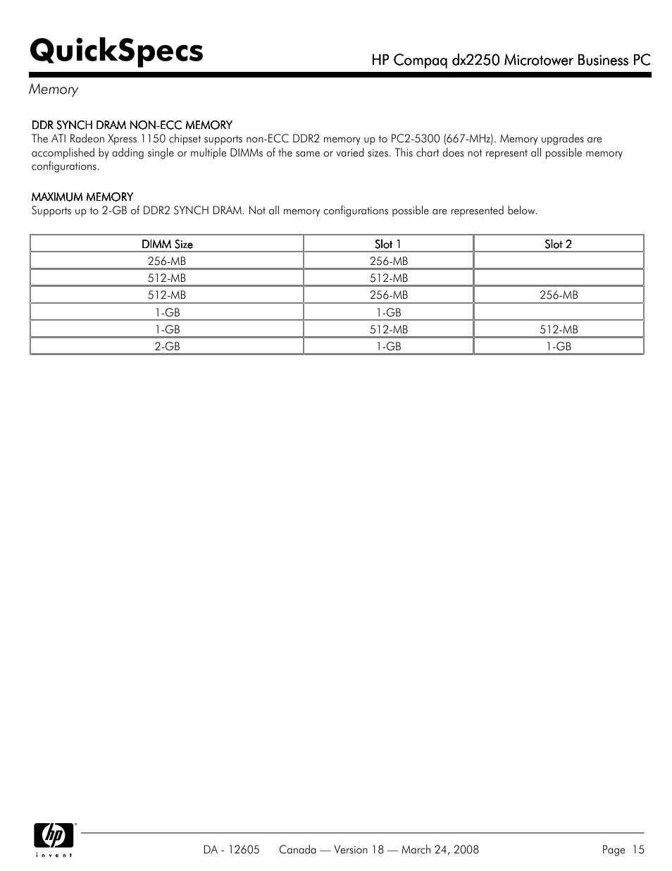 Memory, Quickspecs, Hp compaq dx2250 microtower business pc | HP DX2250 User Manual | Page 15 / 36
