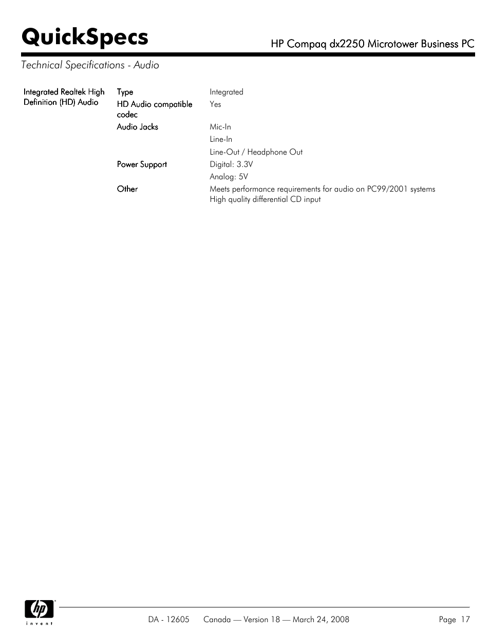 Technical specifications - audio, Quickspecs, Hp compaq dx2250 microtower business pc | HP DX2250 User Manual | Page 17 / 36