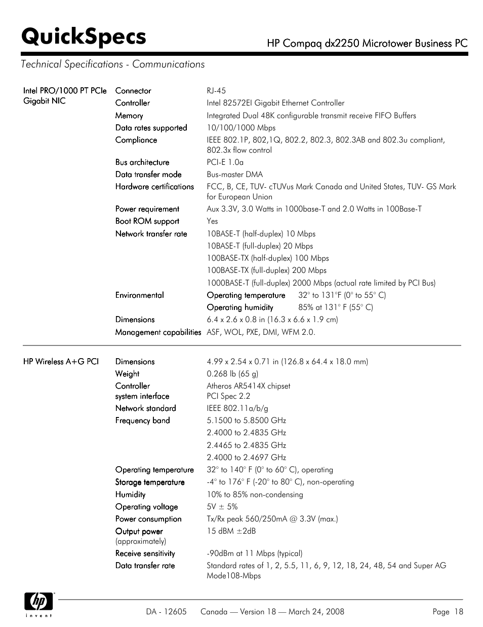 Technical specifications - communications, Quickspecs, Hp compaq dx2250 microtower business pc | HP DX2250 User Manual | Page 18 / 36