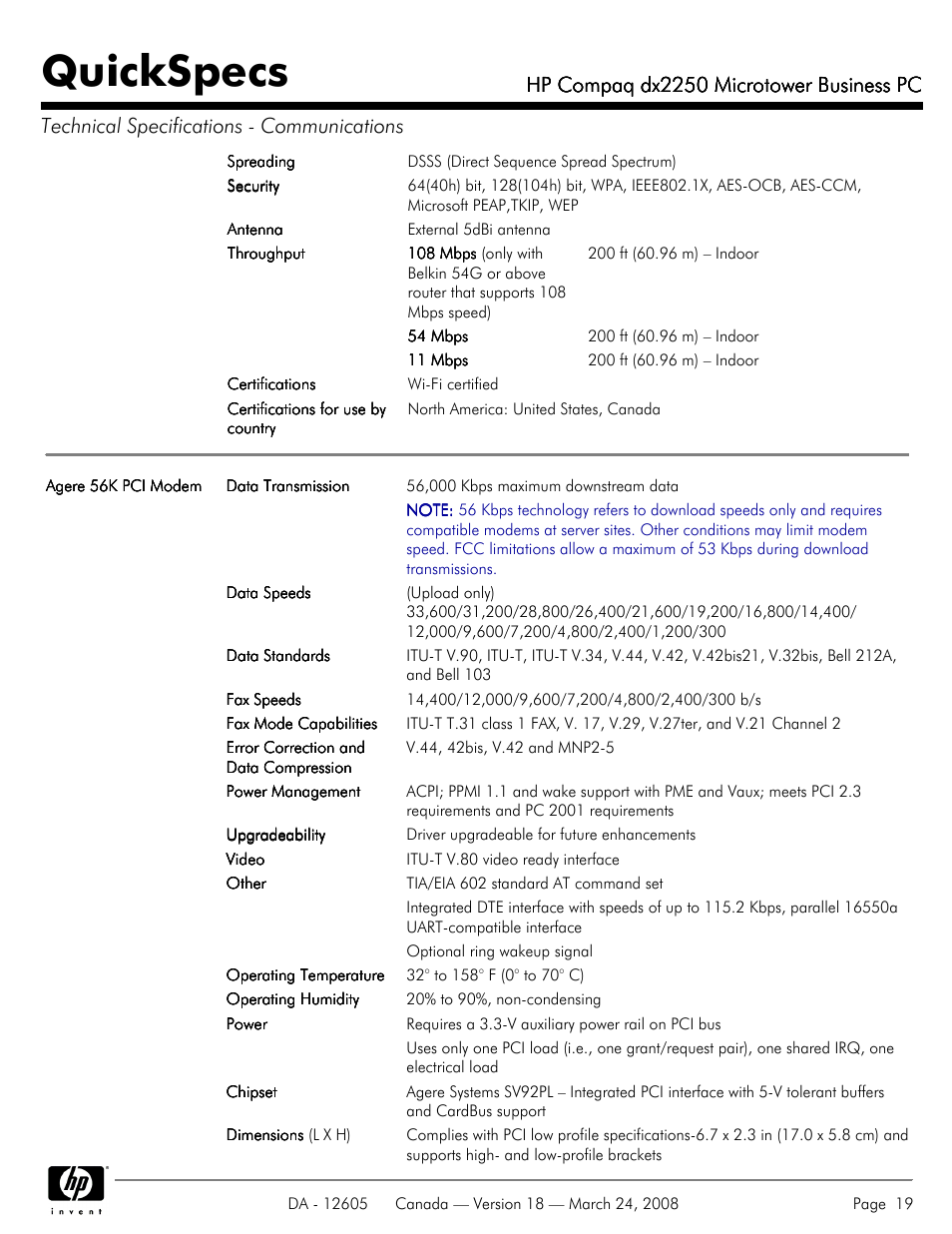 Quickspecs, Hp compaq dx2250 microtower business pc | HP DX2250 User Manual | Page 19 / 36