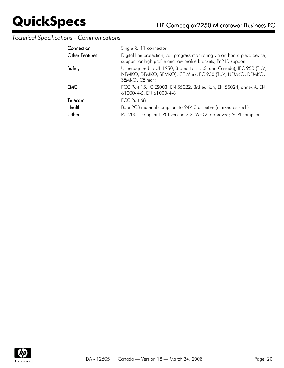 Quickspecs, Hp compaq dx2250 microtower business pc | HP DX2250 User Manual | Page 20 / 36