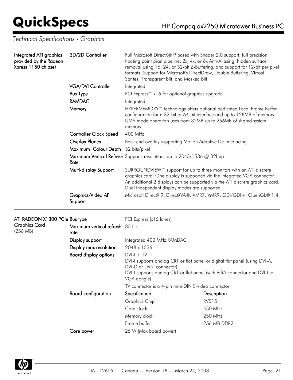 Technical specifications - graphics, Quickspecs, Hp compaq dx2250 microtower business pc | HP DX2250 User Manual | Page 21 / 36