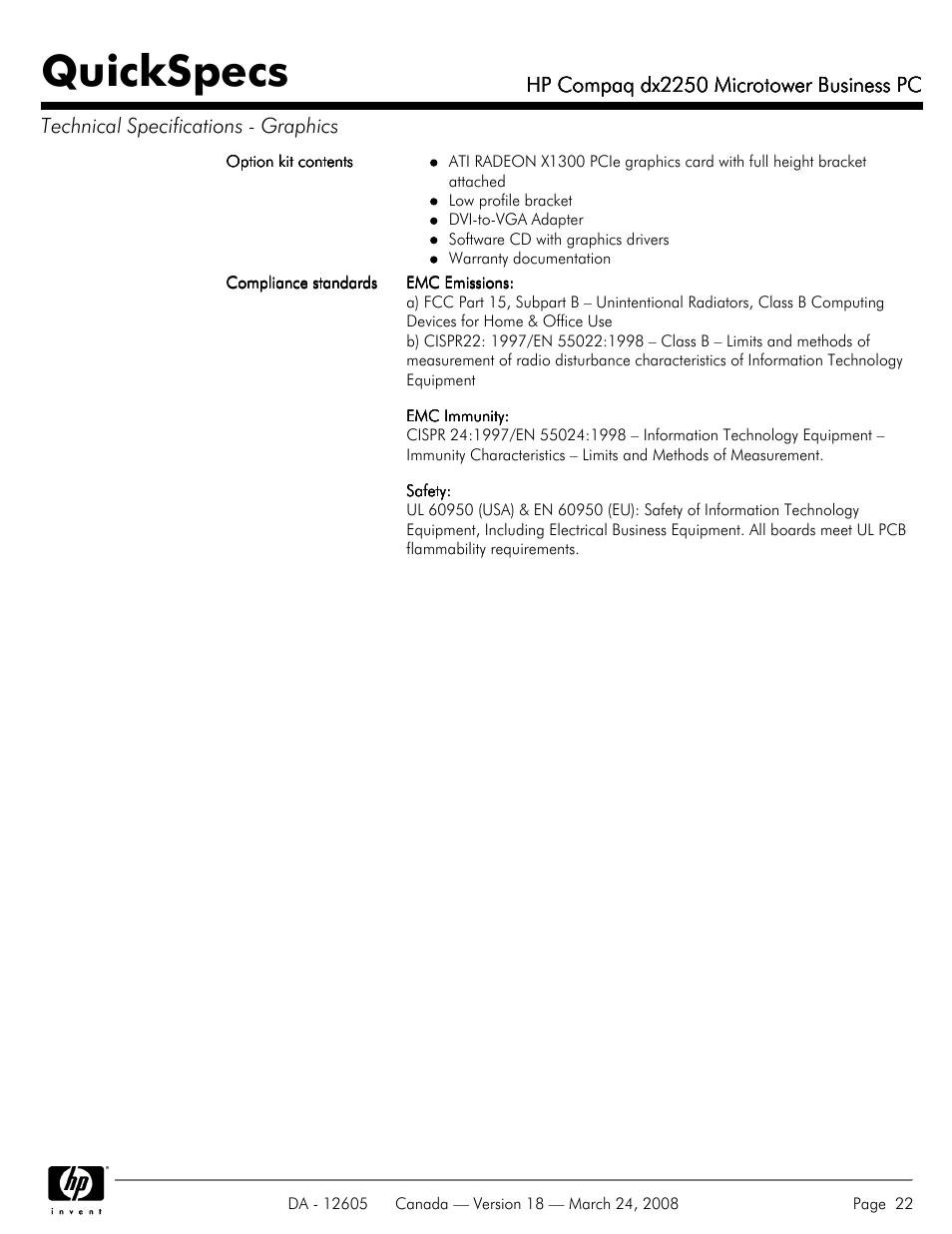 Quickspecs | HP DX2250 User Manual | Page 22 / 36