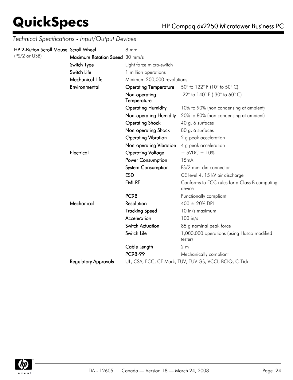 Quickspecs, Hp compaq dx2250 microtower business pc | HP DX2250 User Manual | Page 24 / 36