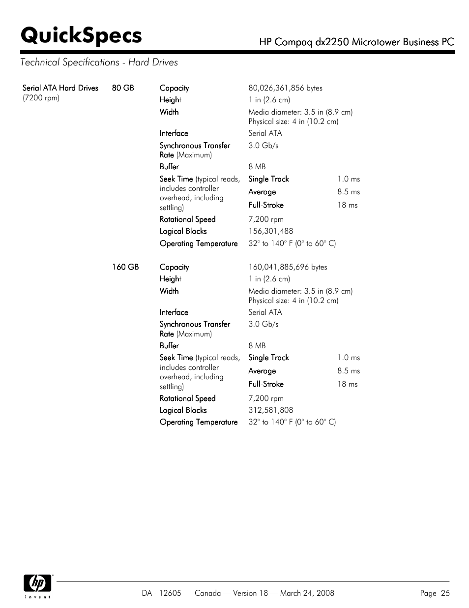 Technical specifications - hard drives, Quickspecs, Hp compaq dx2250 microtower business pc | HP DX2250 User Manual | Page 25 / 36