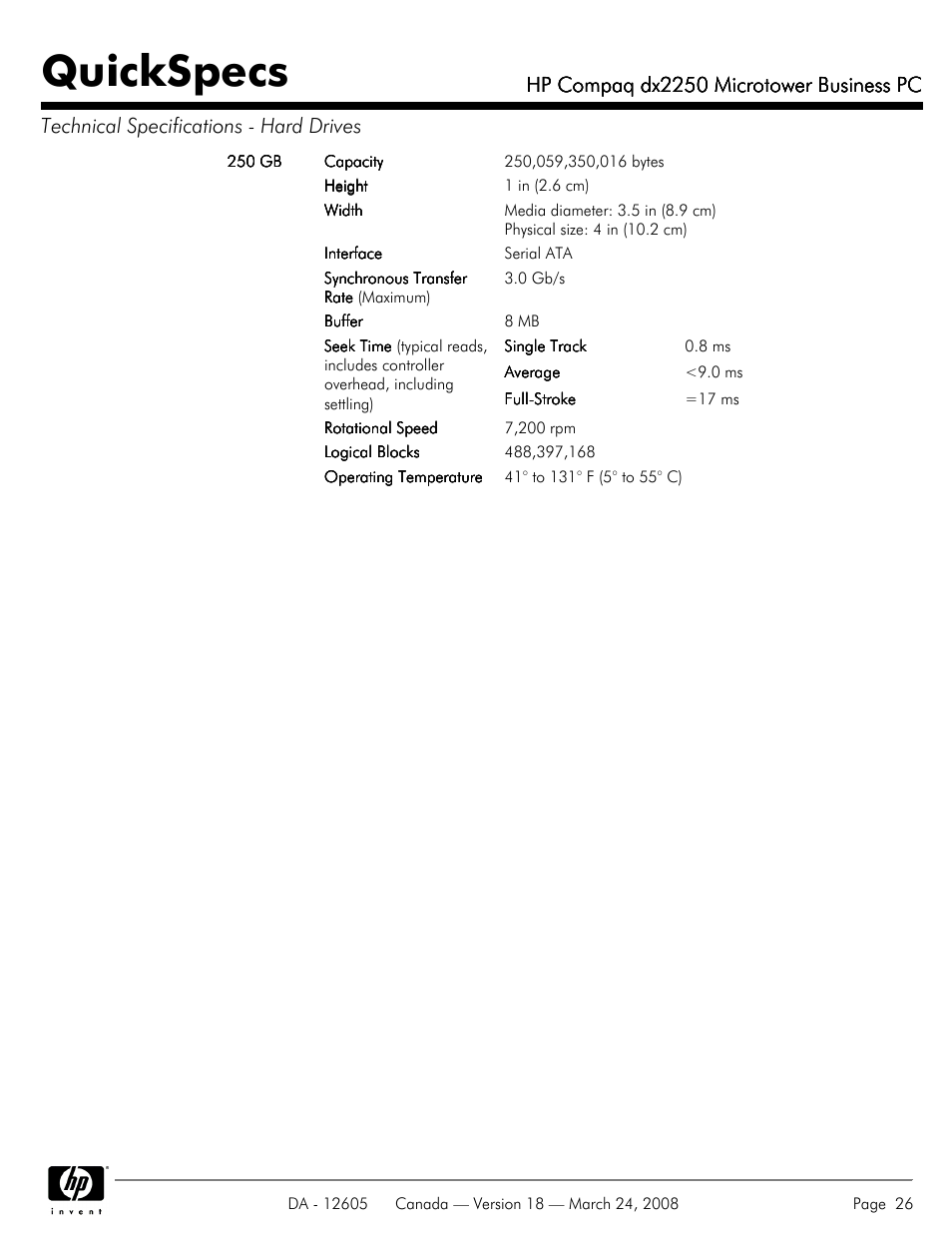 Quickspecs, Hp compaq dx2250 microtower business pc | HP DX2250 User Manual | Page 26 / 36