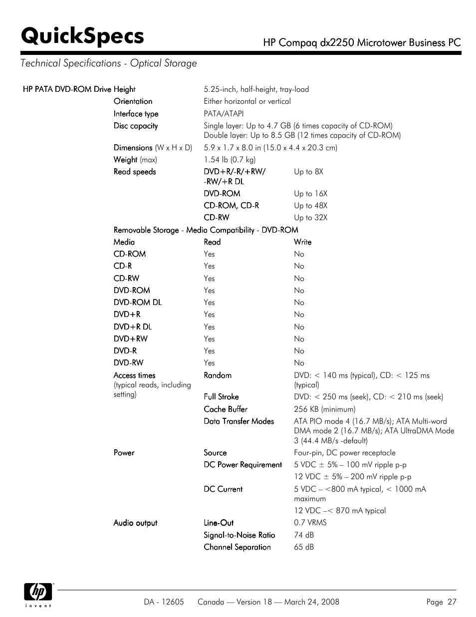 Technical specifications - optical storage, Quickspecs, Hp compaq dx2250 microtower business pc | HP DX2250 User Manual | Page 27 / 36
