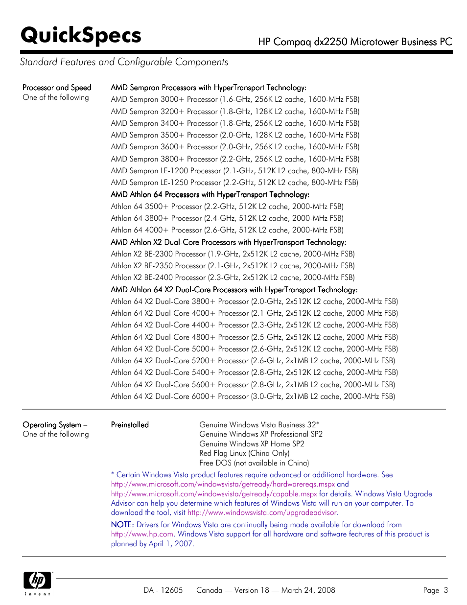 Standard features and configurable components, Quickspecs, Hp compaq dx2250 microtower business pc | HP DX2250 User Manual | Page 3 / 36