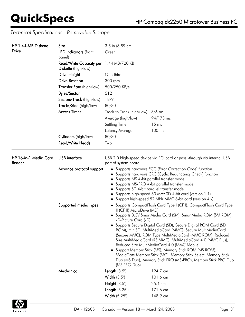Technical specifications - removable storage, Quickspecs, Hp compaq dx2250 microtower business pc | HP DX2250 User Manual | Page 31 / 36
