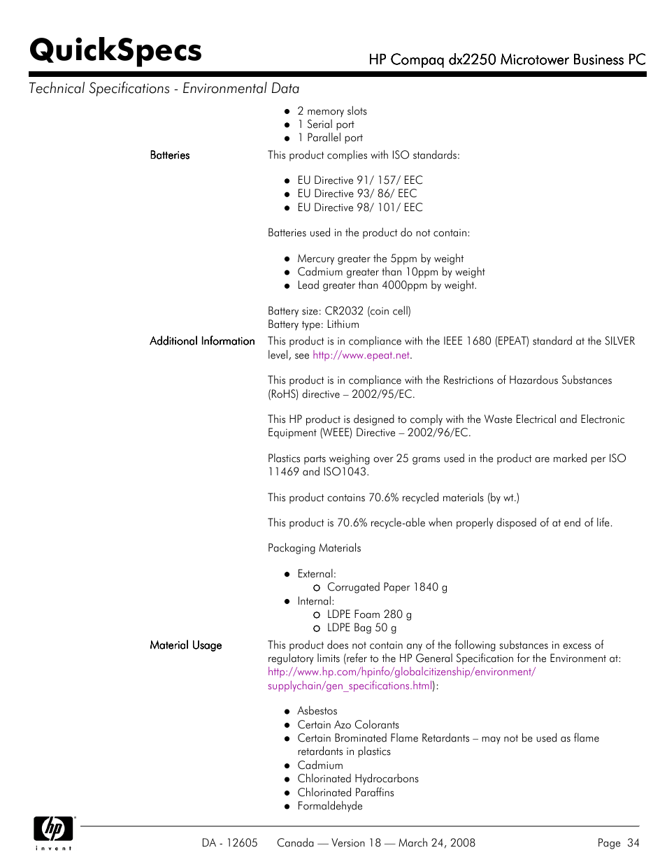 Quickspecs, Hp compaq dx2250 microtower business pc | HP DX2250 User Manual | Page 34 / 36