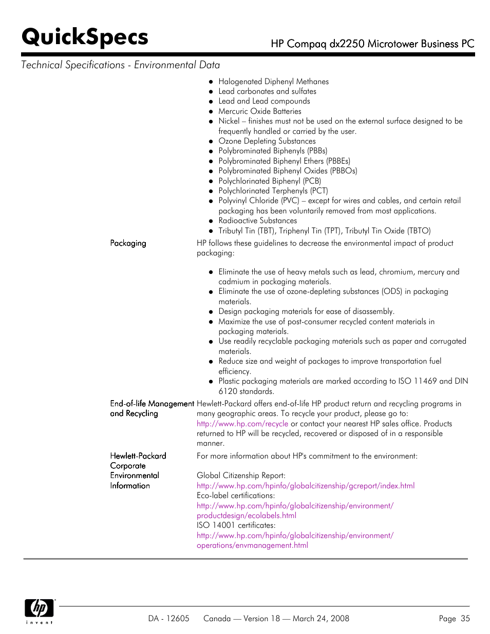 Quickspecs, Hp compaq dx2250 microtower business pc | HP DX2250 User Manual | Page 35 / 36