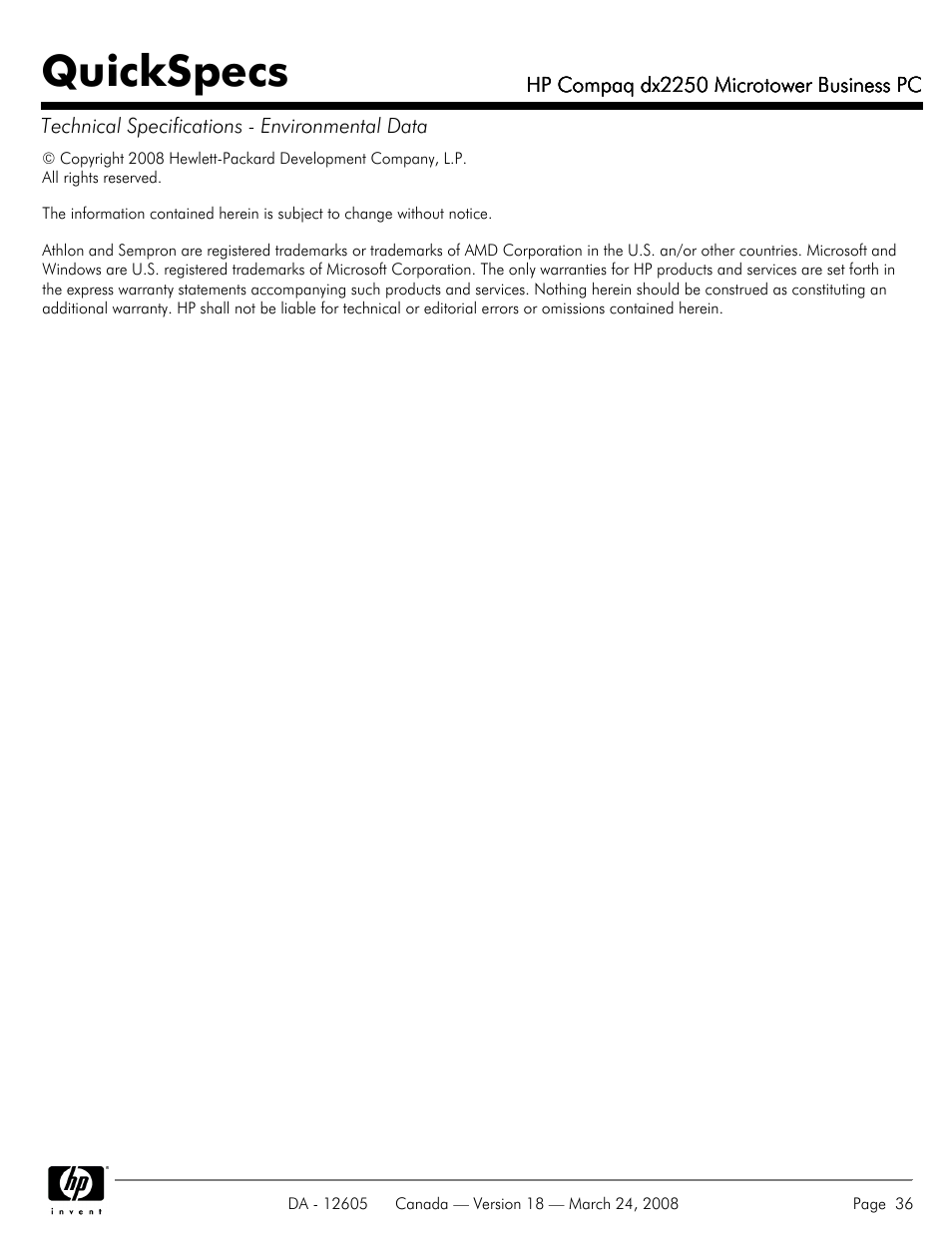 Quickspecs | HP DX2250 User Manual | Page 36 / 36