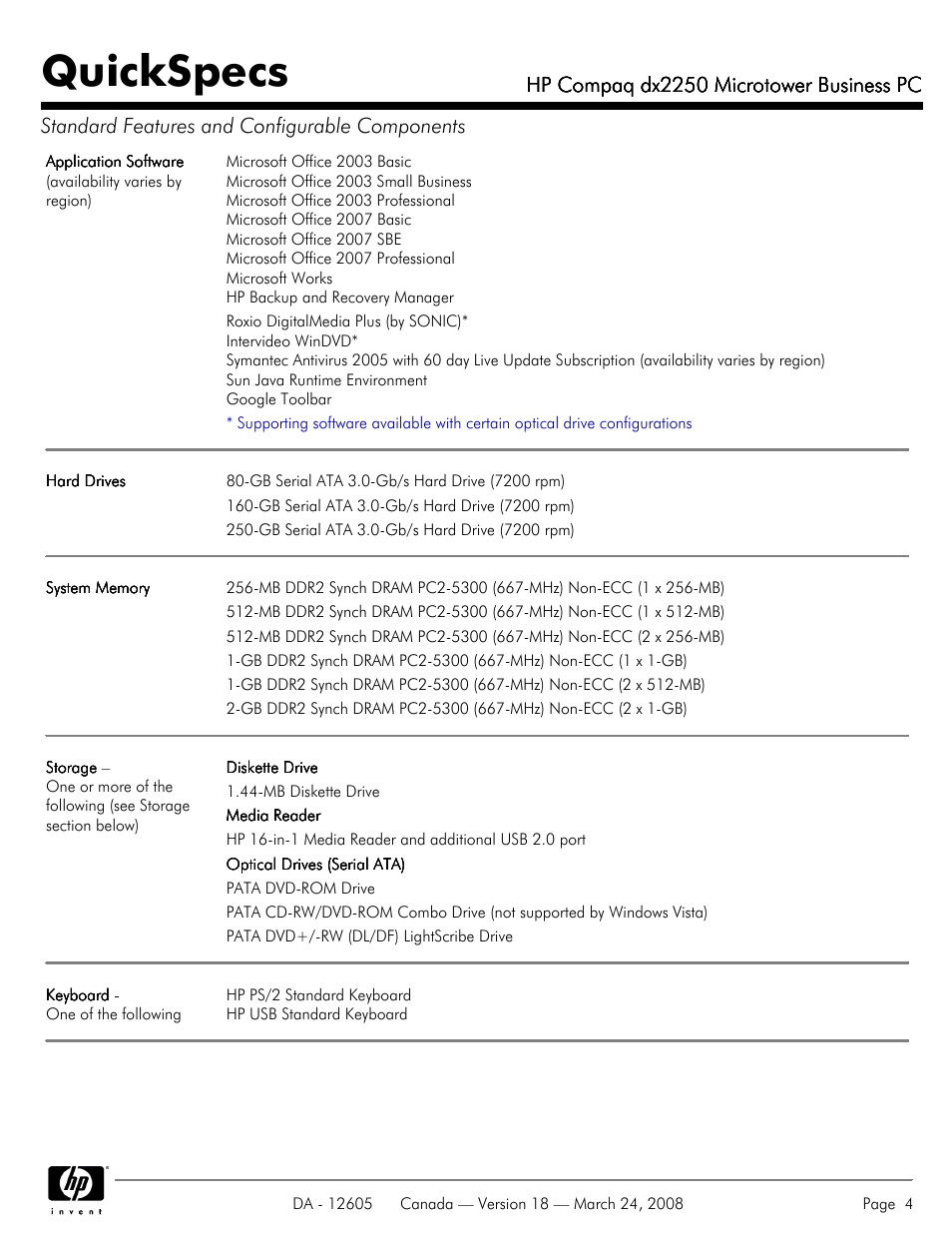 Quickspecs, Hp compaq dx2250 microtower business pc | HP DX2250 User Manual | Page 4 / 36